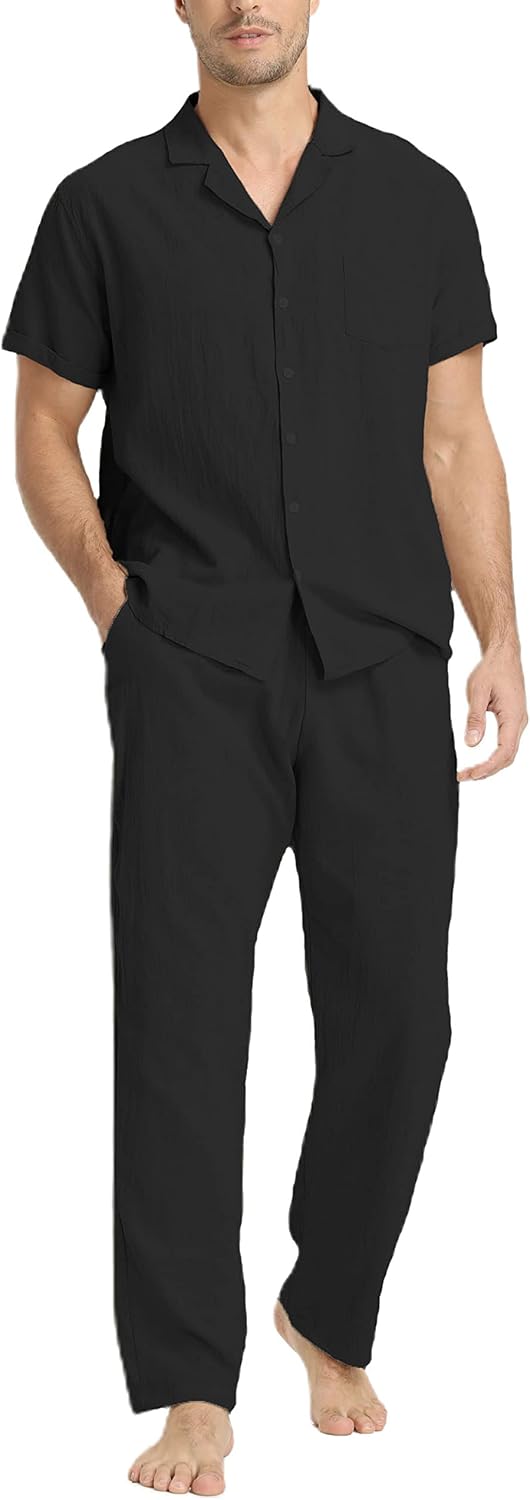 Men's Linen Sets 2 Piece Short Sleeve Shirts and Pants Outfit
