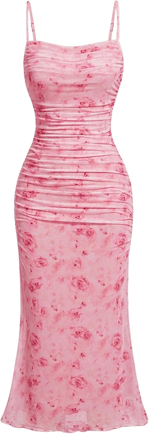 GORGLITTER Women's Floral Ruched Bodycon Midi Dress for Charm