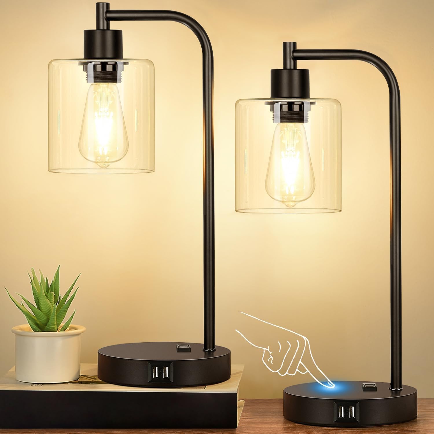 Industrial Touch Control Table Lamps - Dual USB & Outlet, 3-Way Dimmable
