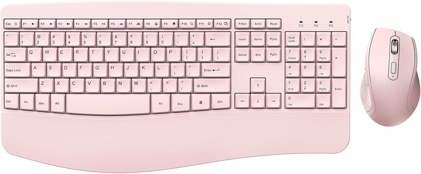 Full Size Wireless Ergonomic Keyboard & Mouse Set - Light Pink