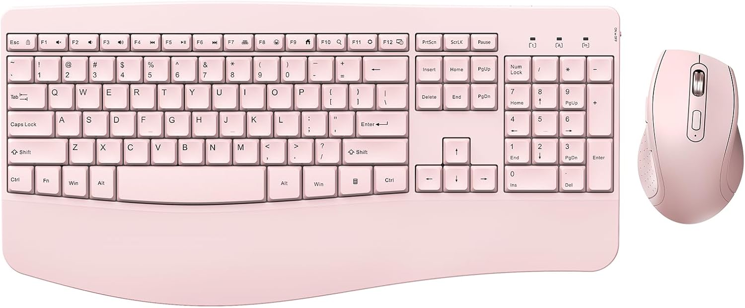 Full Size Wireless Ergonomic Keyboard & Mouse Set - Light Pink