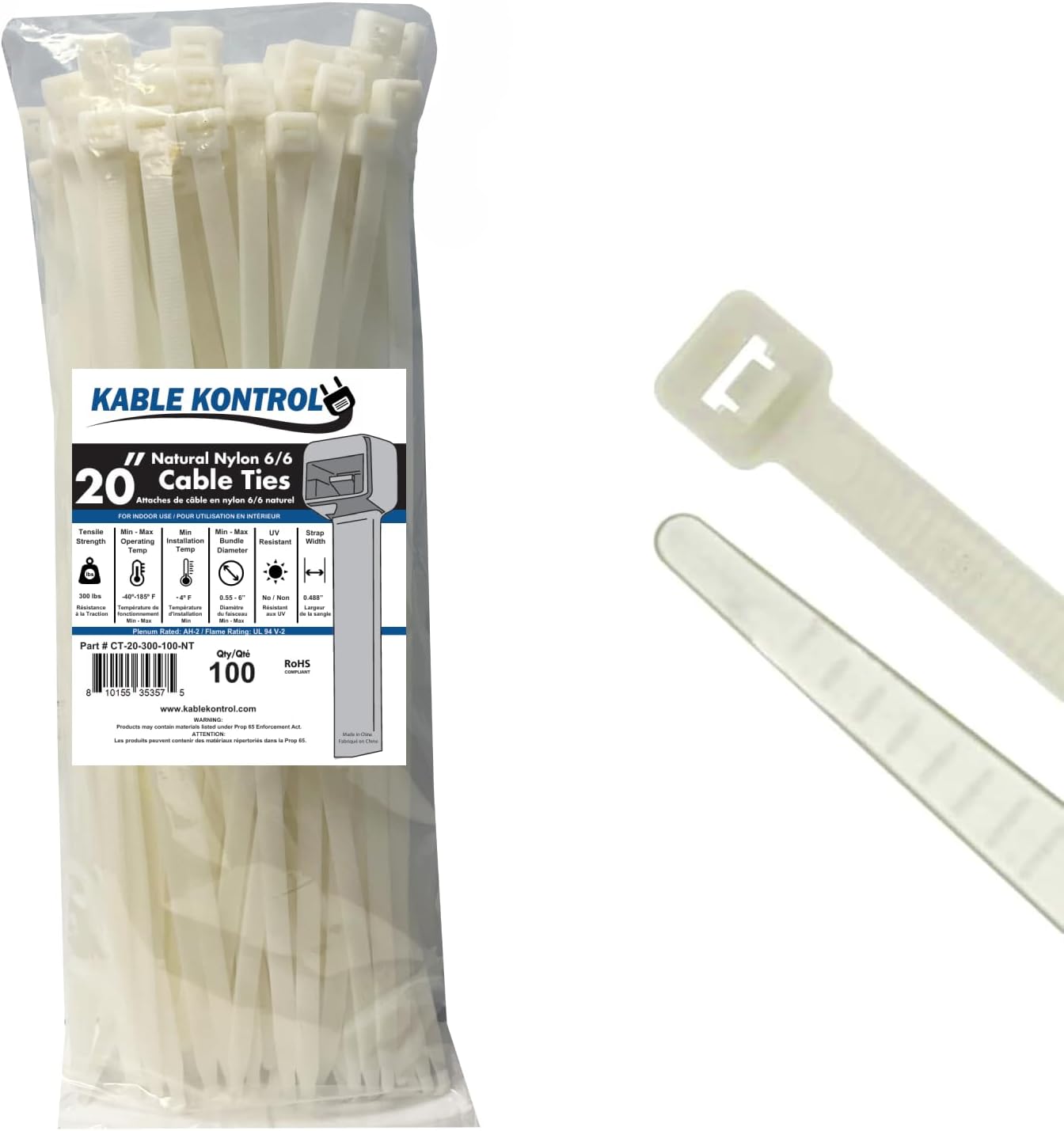 Kable Kontrol 20 Inch Natural White Zip Ties for All Uses
