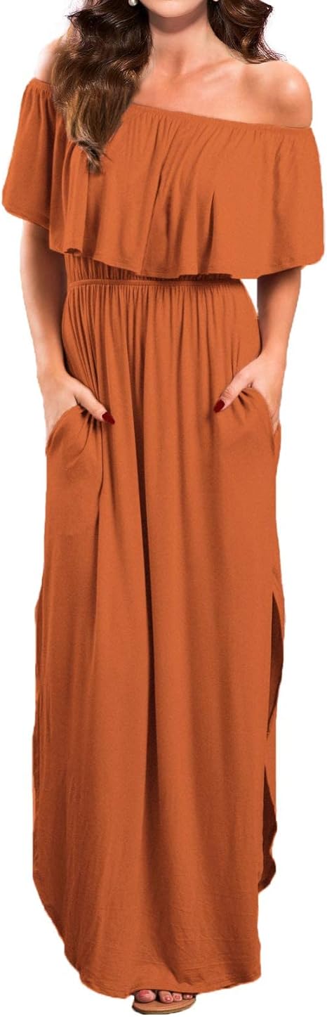 VERABENDI Women's Off Shoulder Summer Casual Maxi Dress with Pockets