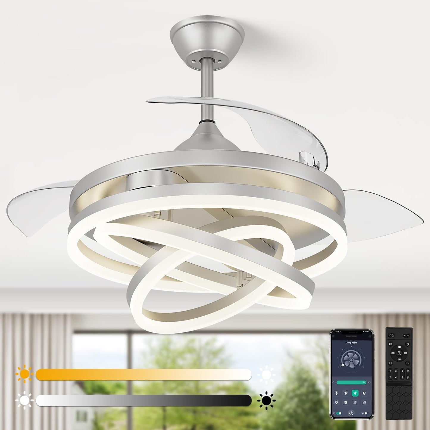 42 Inch Retractable Ceiling Fan with Light and 6 Wind Speeds