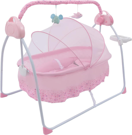 Foldable Electric Baby Swing: Remote Control, Music, 5-Speed Rocking, Timer (Pink)