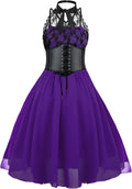 Women's Sleeveless Gothic Lace Corset Halter Swing Dress - Long Length