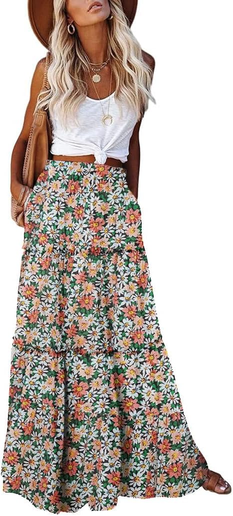EARKOHA Womens Casual High Waist Tie Maxi Skirt with Pockets