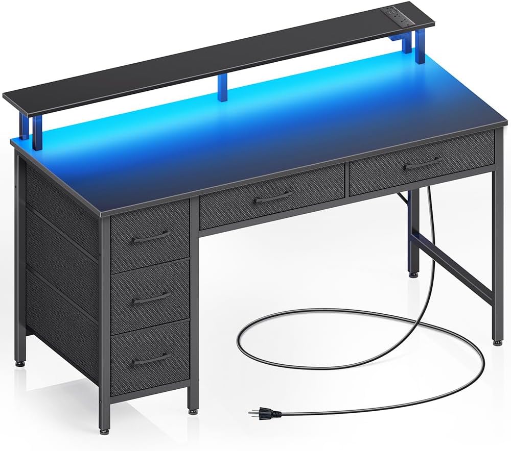 Seventable Computer Desk with Power Outlets & LED Light Features