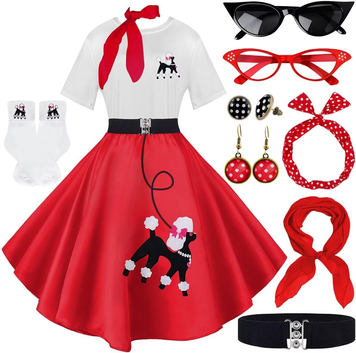 10Pcs Sock Hop Outfits Women with 1950s Poodle Skirts