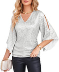 Sparkly Sequin Tops for Women - V-Neck Glitter Blouse