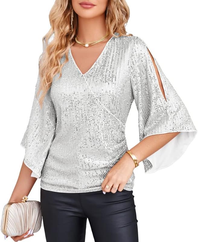 Sparkly Sequin Tops for Women - V-Neck Glitter Blouse