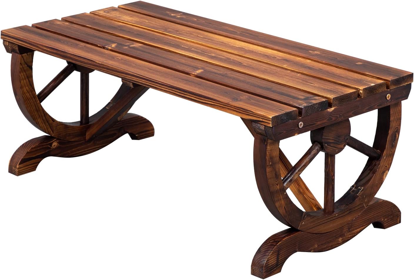 VINGLI Outdoor Rustic Wooden Bench with Wagon Wheel Legs for 2