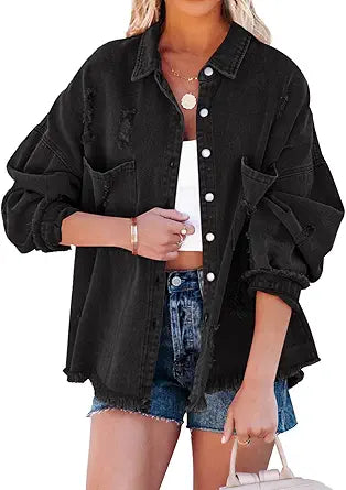 EVALESS Jean Jacket for Women Distressed Frayed Denim Style