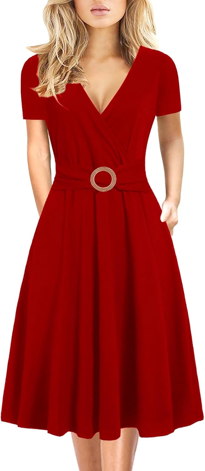 Elegant Criss-Cross V Neck Vintage Short Sleeve Dress with Pockets
