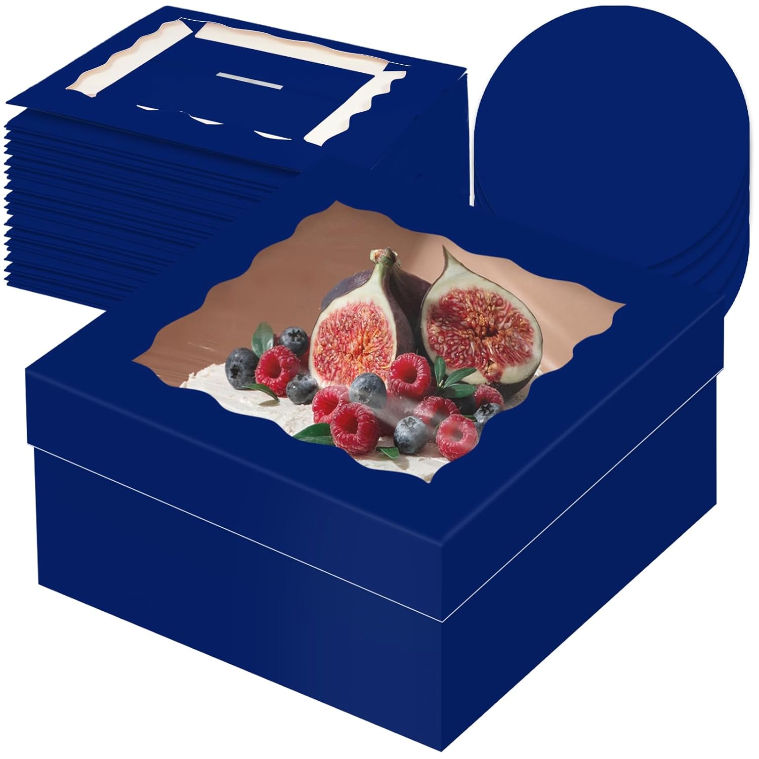 Deep Blue Cake Box Set with Window and Round Boards for Gifts