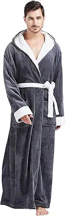 Fleece Bathrobe for Men with Hood - Plush Long Robe Comfort