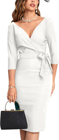 Women's Vintage Faux Wrap V Neck 3/4 Sleeve Work Dress - Classic Fit