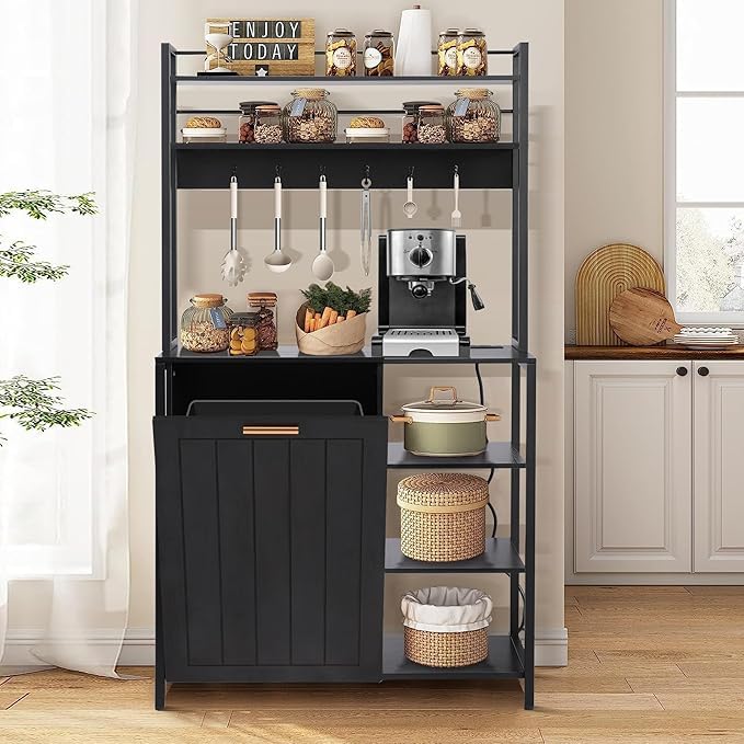 Farmhouse Kitchen Stand with Trash Bin, Power Outlet & Storage