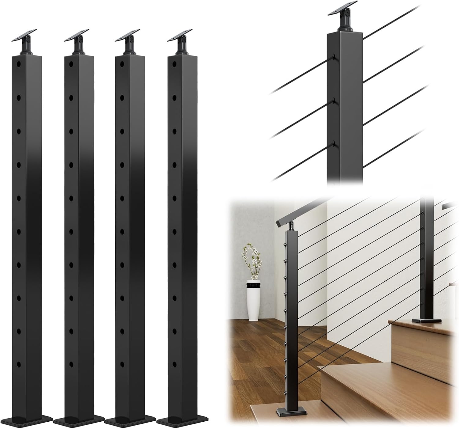 Muzata 4Pack Black Stair Cable Railing Post for 36 Inch Stairs