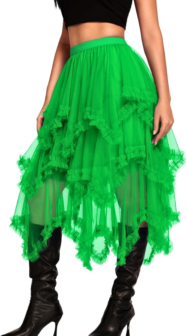 Kaei&Shi Long Tulle Skirt for Women - Asymmetrical Ruffle Style
