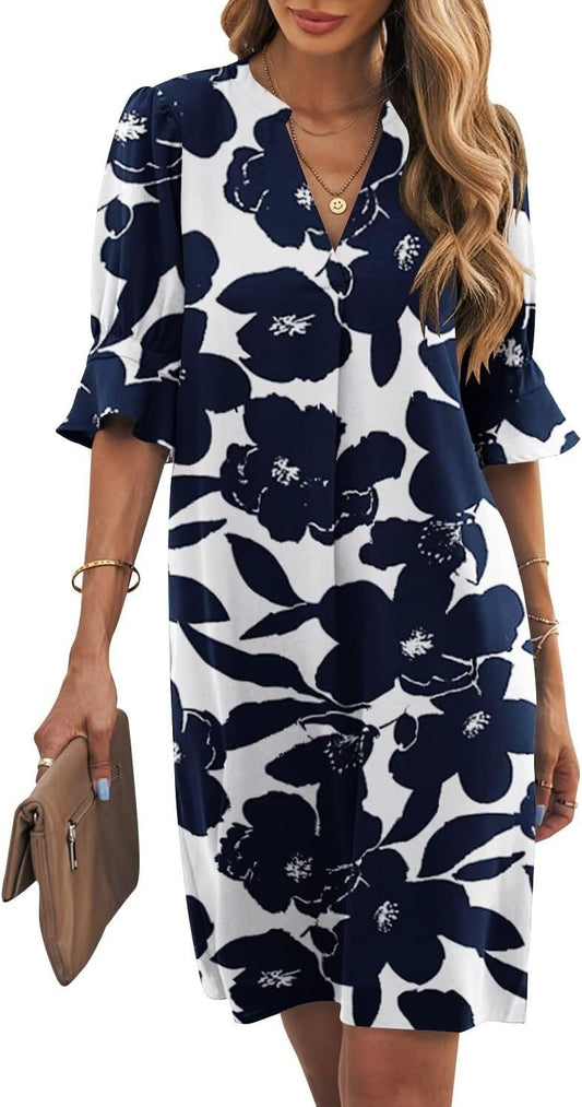 Wkior Shift Dress for Women V Neck Short Sleeves Casual Style
