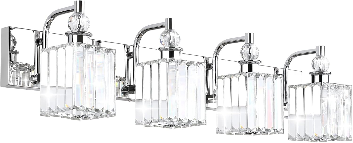 Modern Crystal Vanity Light for Bathroom - 4 Light Chrome Fixture