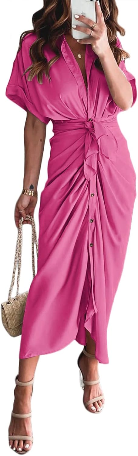 Elegant Satin Button Down Maxi Shirt Dress for Women