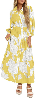 Wenrine Womens Maxi Shirt Dress Casual Floral Collared Drawstring it
