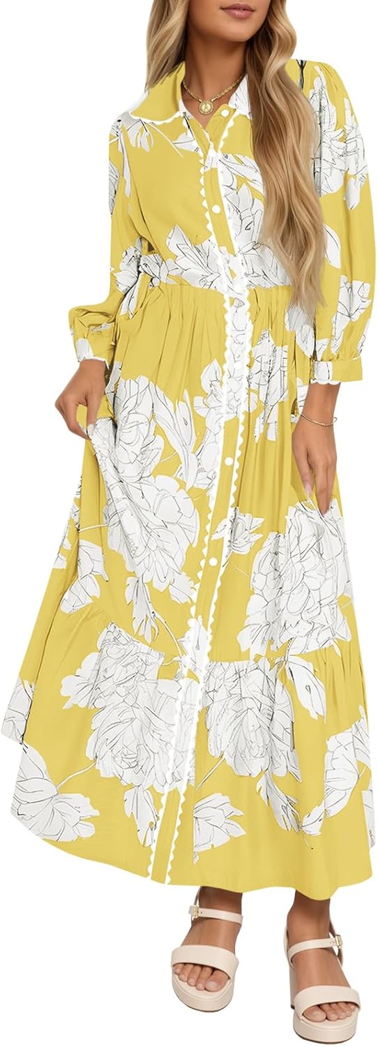 Womens Maxi Shirt Dress Casual Floral Collared Long Sleeve