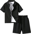 Boy's 2 Piece Beach Vacation Textured Linen Outfit - Summer Short