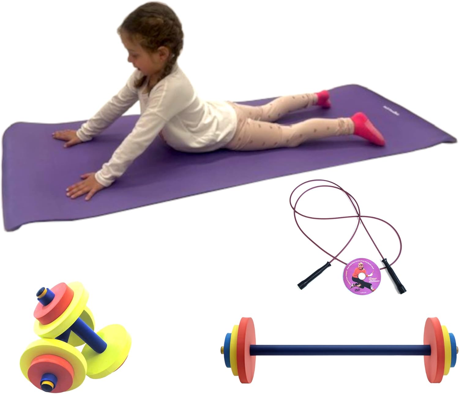 Kids Fitness Set w/ Dumbbells, Barbell, Mat & Jump Rope: Fun & Active! 
