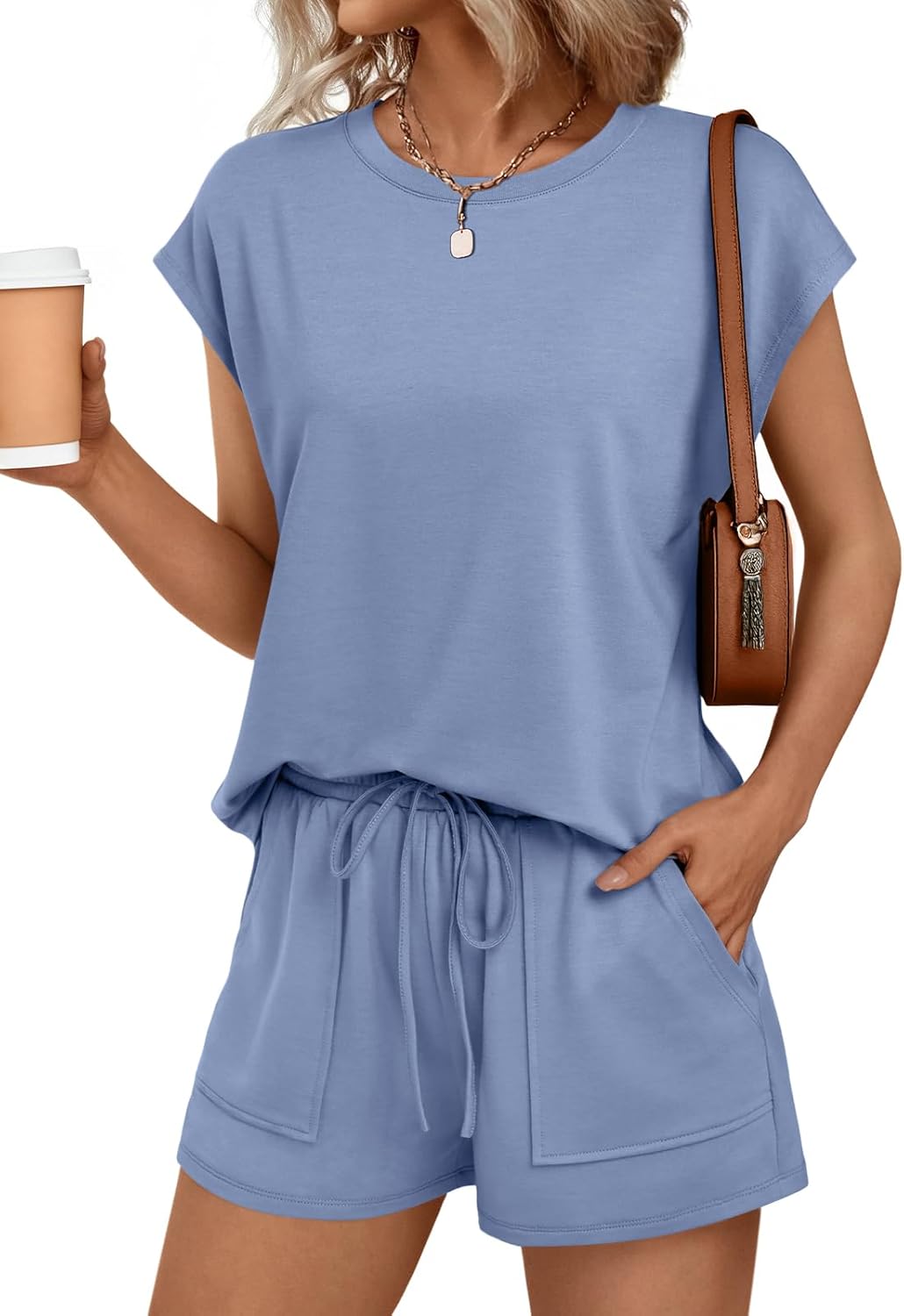 AUTOMET Womens Crew Neck Two Piece Short Sets for Summer Fun