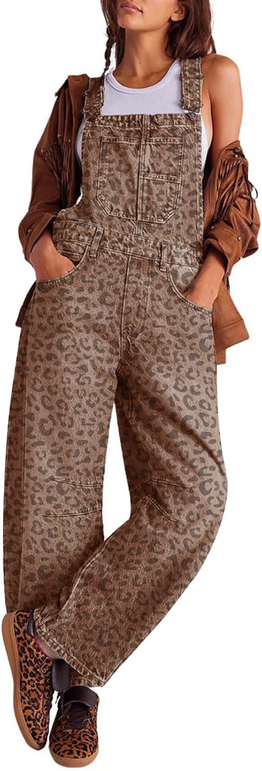 Womens Denim Overalls Loose Fit Barrel Leg Adjustable Strap Jumpsuits