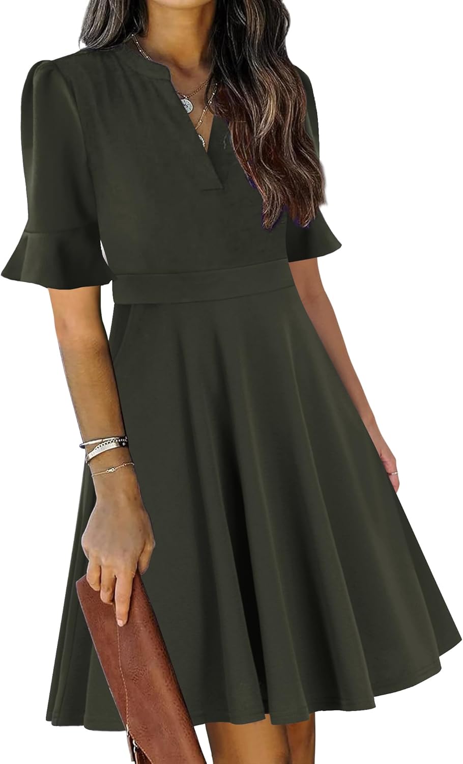 Mokayee Womens Summer V Neck Ruffle Short Sleeve Dress