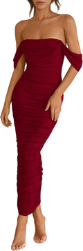 PRETTYGARDEN Off The Shoulder Ruched Bodycon Maxi Dress (Style JWGB)