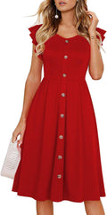 Lamilus Women's Casual Ruffle Sleeve V-Neck Button Down Midi Dress