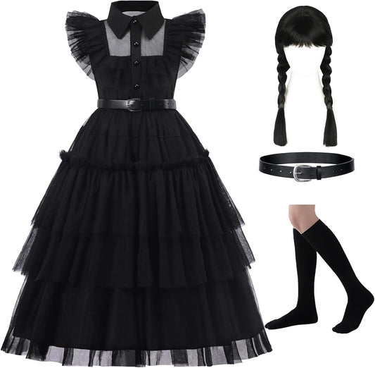 Black Costume Dress for Girls 4-13 Years with Accessories Set