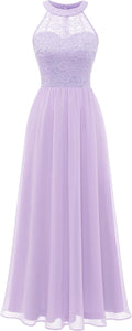 Women's Halter Long Prom Dress - Floral Lace Chiffon Formal Gown
