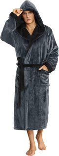 Mens Hooded Robe Long Fleece Bathrobe for Men - Plush Warm Comfort