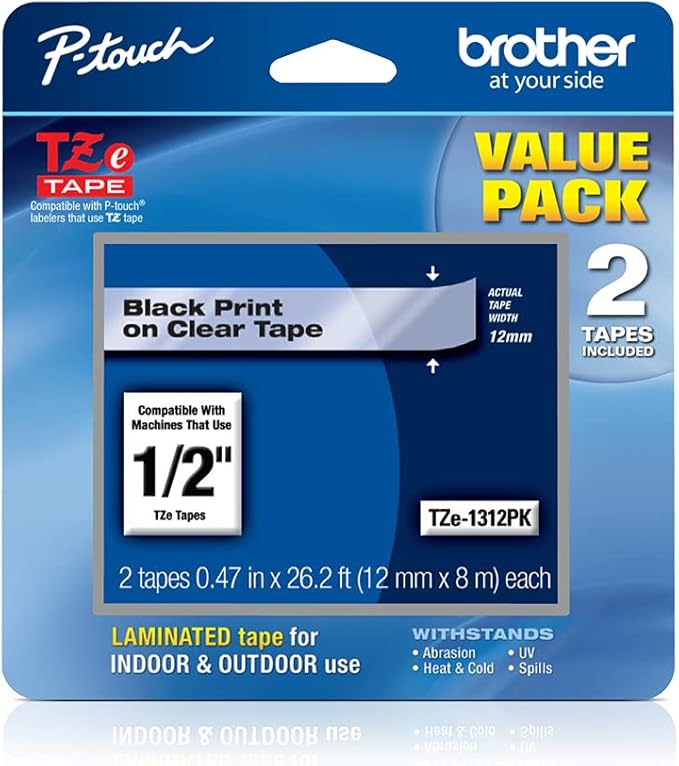 Brother Tape 1/2 Inch Black on Clear 2 Pack for Labeling Needs