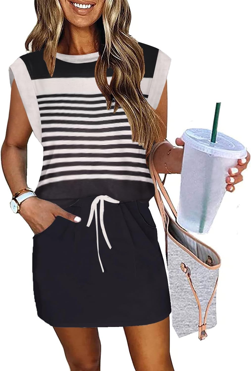 ETCYY NEW Womens Cap Sleeve Summer Dress with Tie Front Style