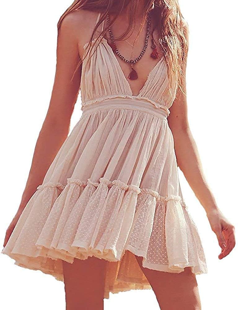 ForeMode Summer Deep V Neck Bohemian Mini Short Dress
