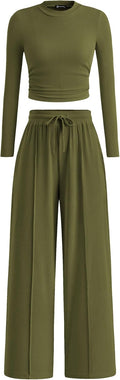 Women's 2 Piece Knit Tracksuit Set - Long Sleeve Crop Top & Wide Leg