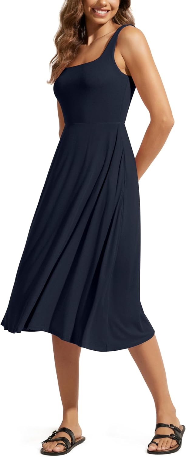 ODODOS Square Neck Midi Dress with Pockets for Women Summer