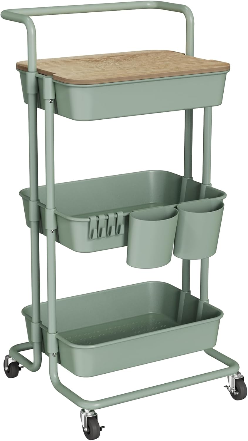 DTK 3 Tier Rolling Utility Cart with Cover for Kitchen Storage