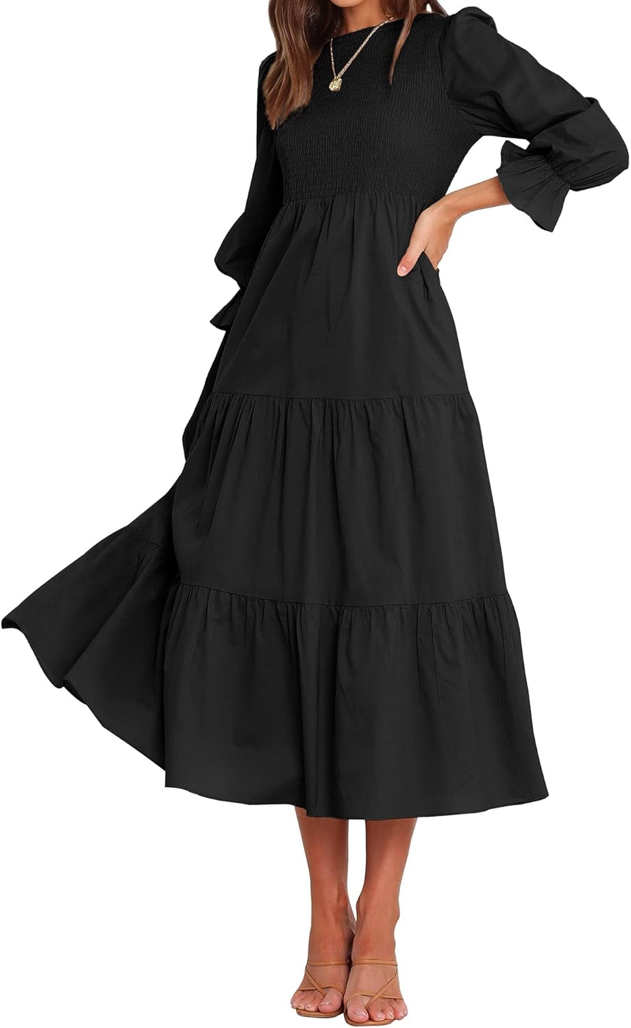 BTFBM Women Casual Long Sleeve Crew Neck Floral Maxi Dress