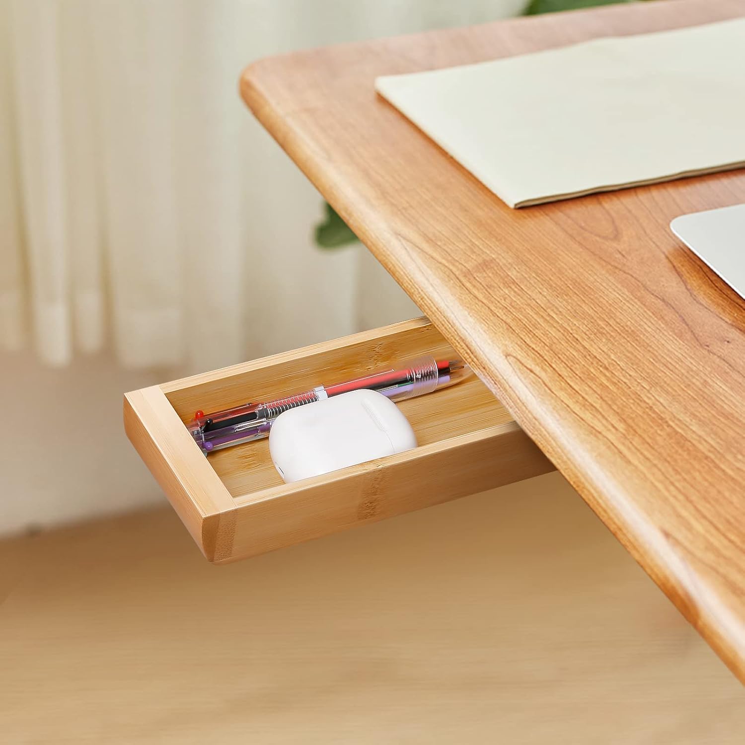Bamboo Under Desk Drawer: Self-Adhesive Slide Out Organizer