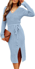 Women's Long Sleeve Cable Knit Sweater Dress - Slim Fit Midi