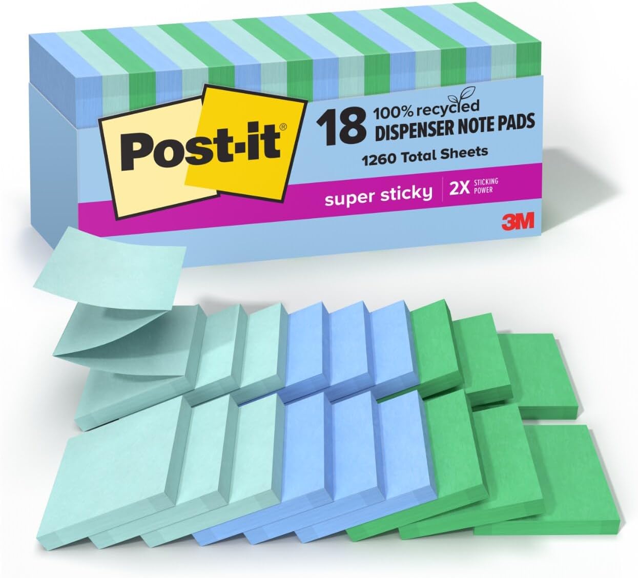 Eco-Friendly Post-it Notes, Oasis Collection, 18 Pads