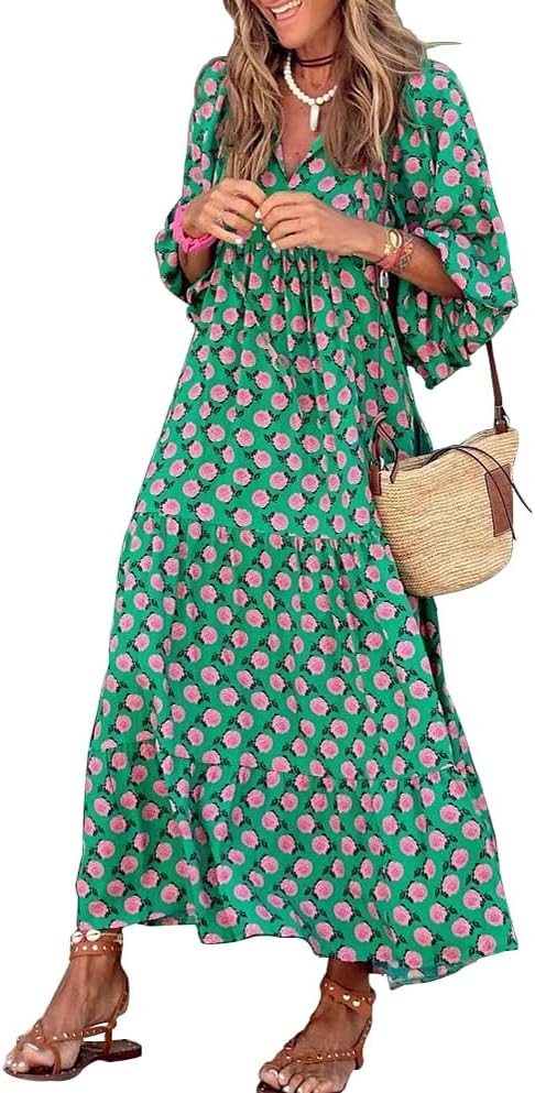 Miduo Womens Loose Fit Casual Summer V Neck Maxi Dress